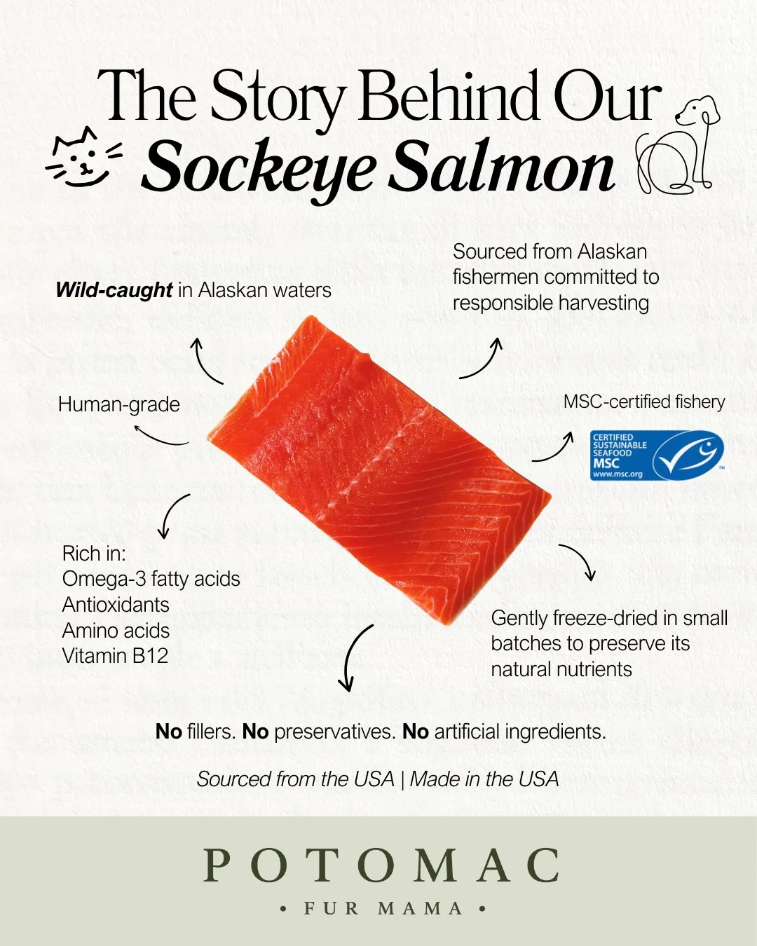 The story behind our sockeye salmon: wild-caught in Alaskan waters, human-grade, MSC-certified fishery, gently freeze-dried in small batches, rich in omega-3 fatty acids, antioxidants, amino acids and vitamin B12. No fillers, no preservatives, no artificial ingredients.